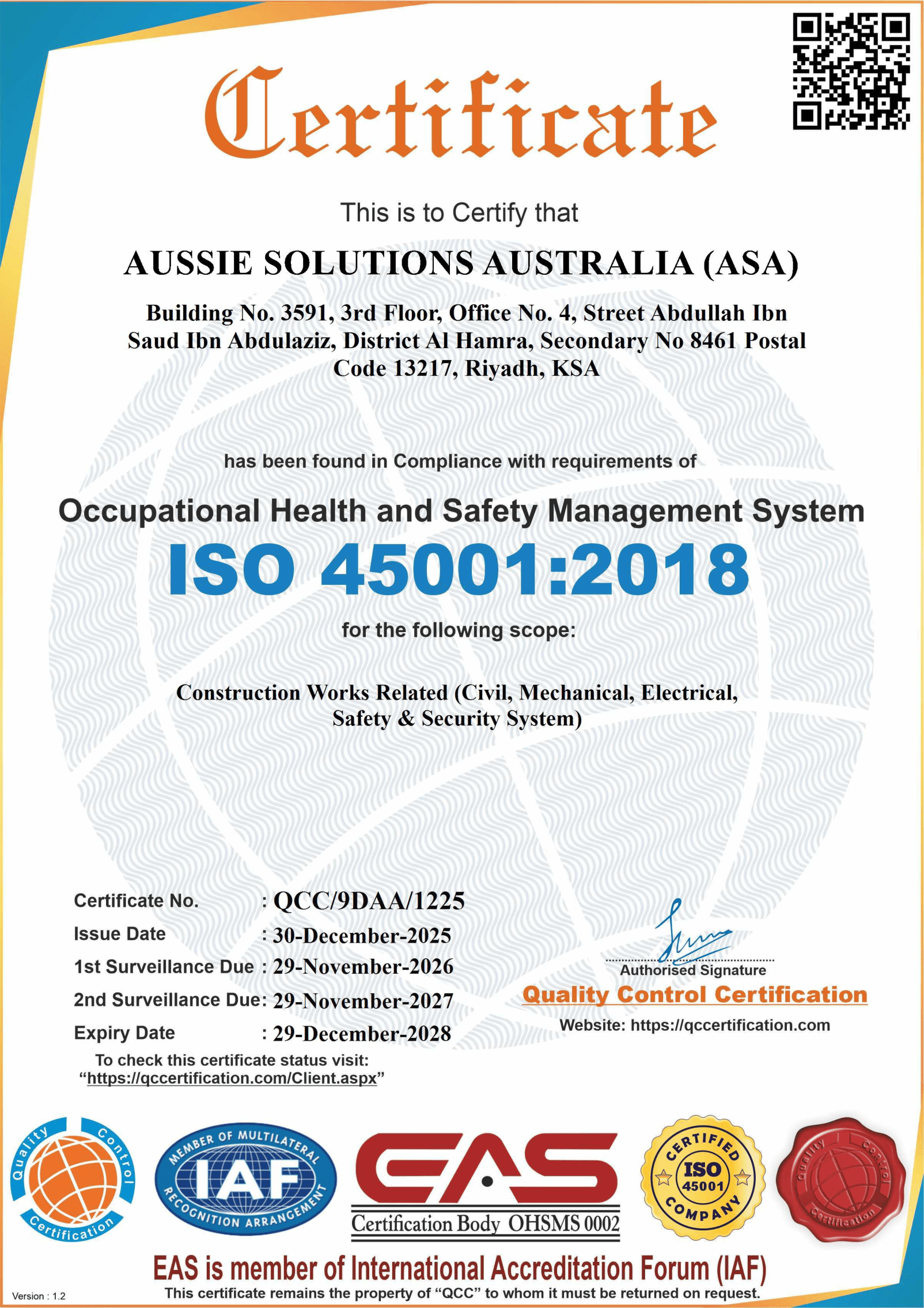 Certificate # QCC/9DAA/1225